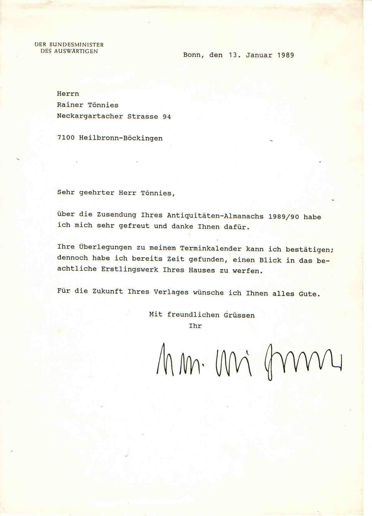 Tönnies Almanach,  Außenminister Hans-Dietrich Genscher